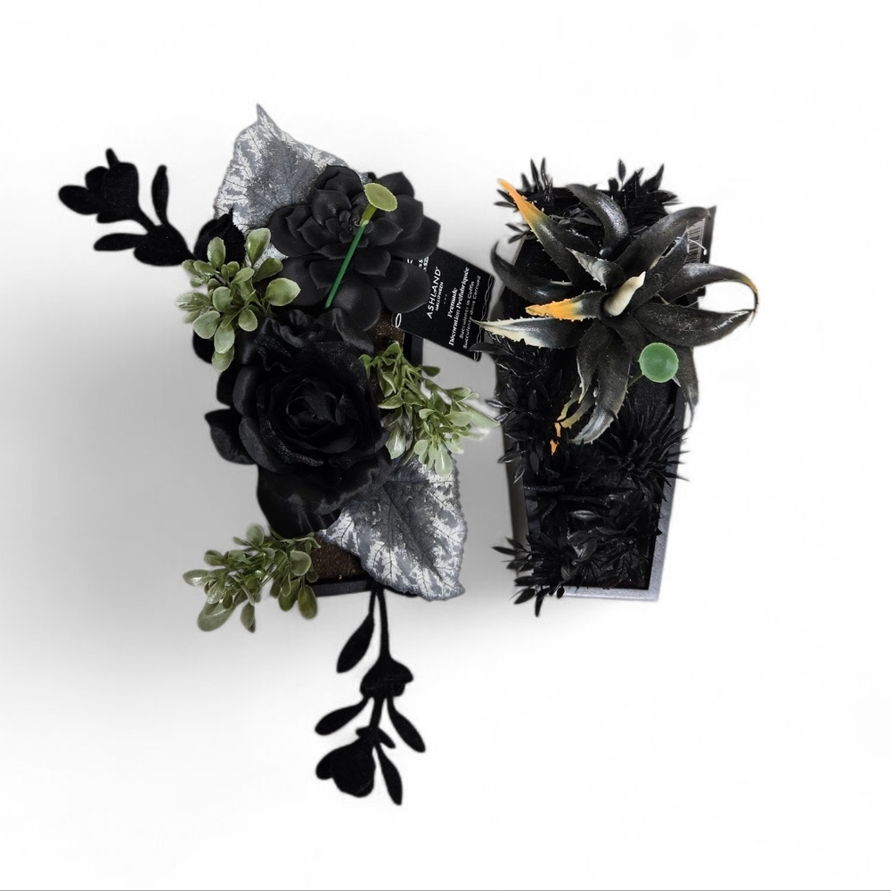 NEW Ashland Halloween premade goth succlents and flowers in black coffin decor